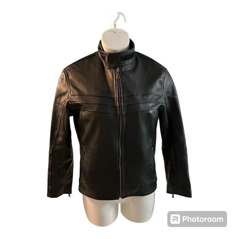 Vtg Pops Black Soft Leather Jacket Full Zip Blue Stitching Unisex Medium Large - Picture 1 of 12